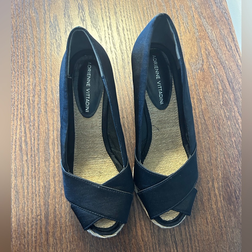 Adrienne Vittadini Black Peep-Toe Espadrille Wedges